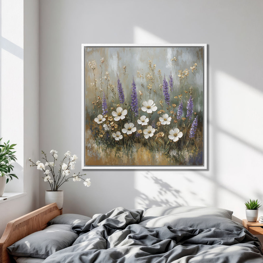 Framed Wall Art: Floral painting in a bedroom. Featuring white, purple, and gold flowers with a neutral color palette. Perfect for adding a touch of nature.