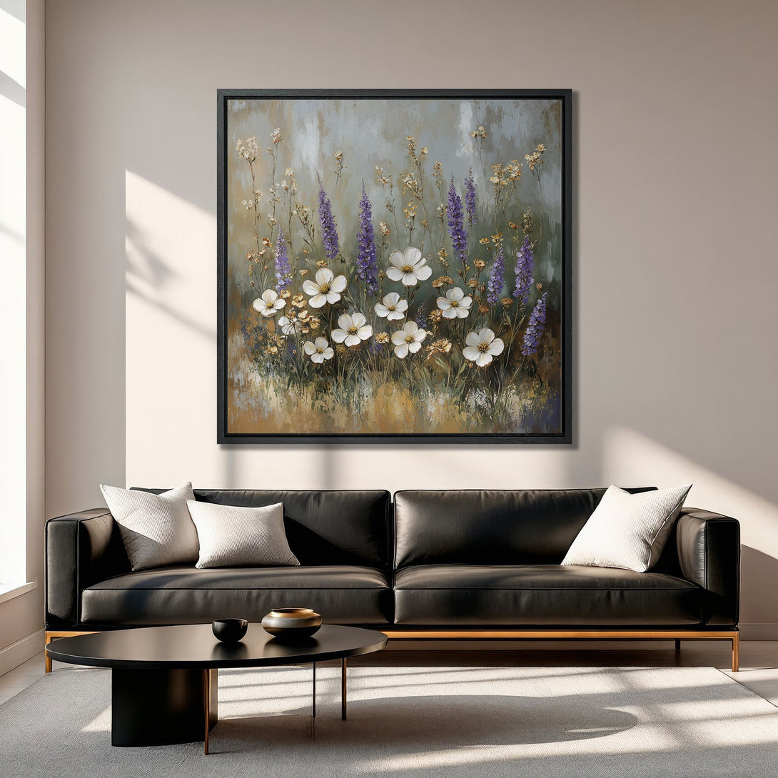 Framed Wall Art featuring a floral painting with white and purple flowers. Neutral color palette creates a calming, elegant aesthetic for home decor.
