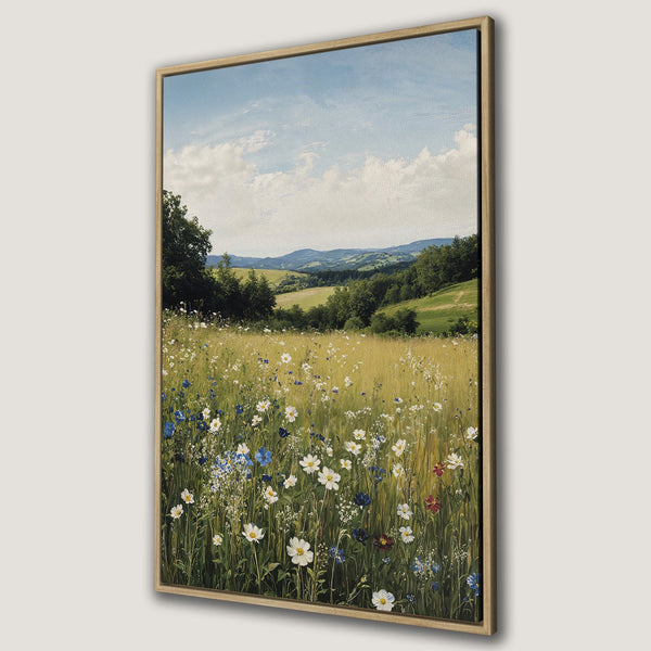 Framed Wall Art featuring a serene landscape with a wildflower meadow. Pastel color palette with blues, greens, and yellows. Perfect for adding a touch of nature to your home.