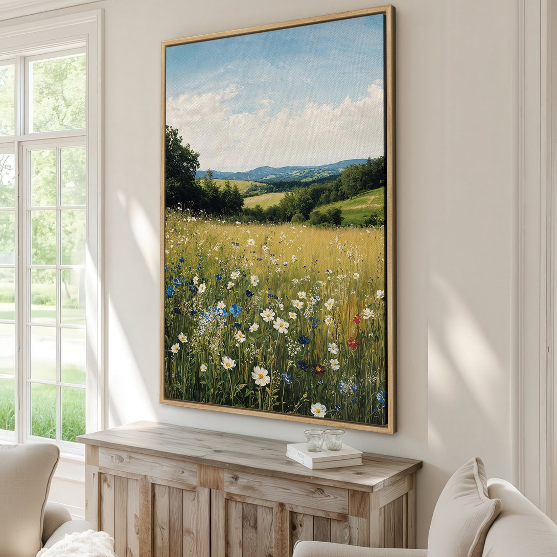 Framed Wall Art: Stunning landscape Canvas Print featuring a wildflower meadow, with a serene blue, green, and yellow color palette. Perfect for adding a touch of nature to your home.