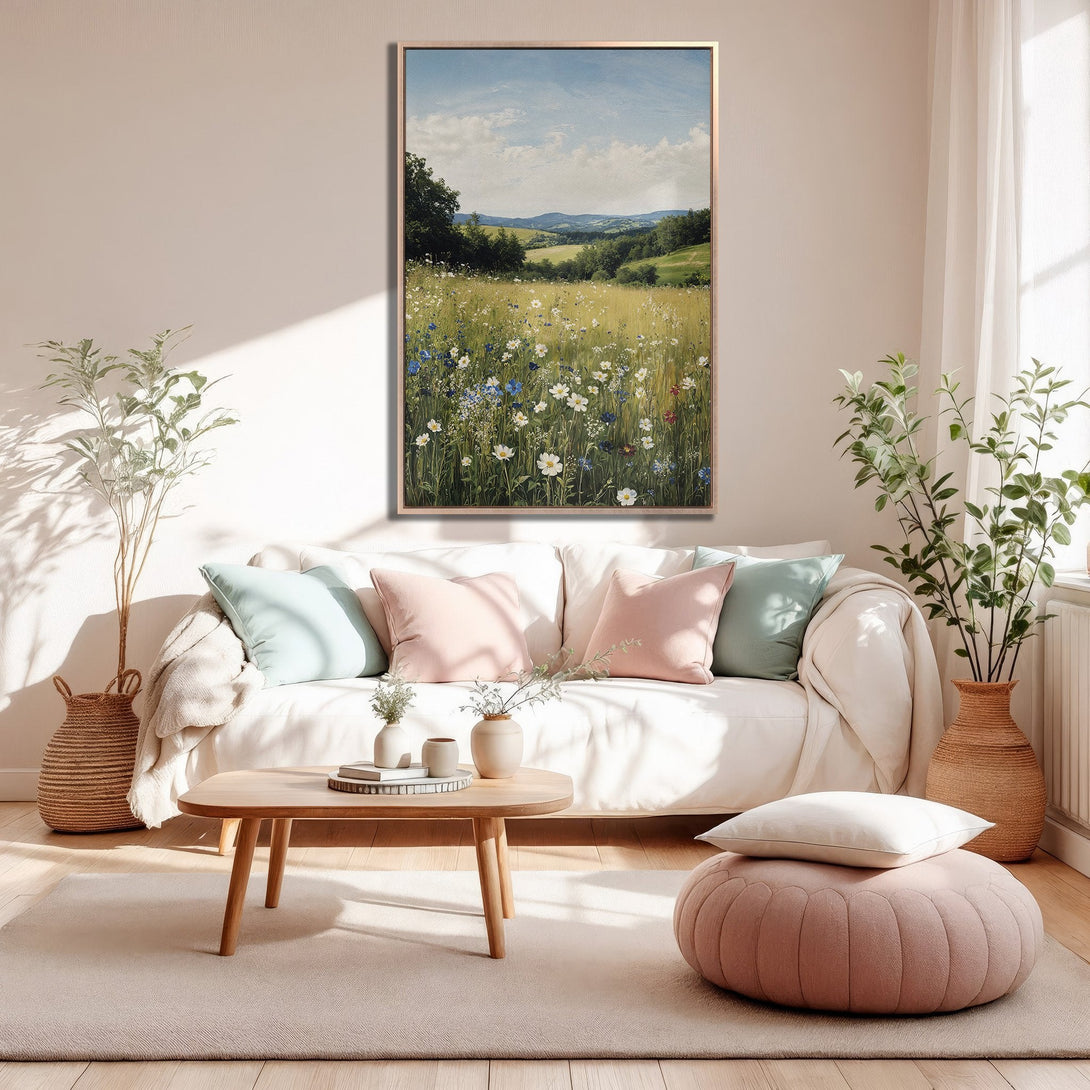 Framed Wall Art: Impressionist landscape canvas print in a warm, neutral interior. Features a field of wildflowers with a soft, pastel color palette.