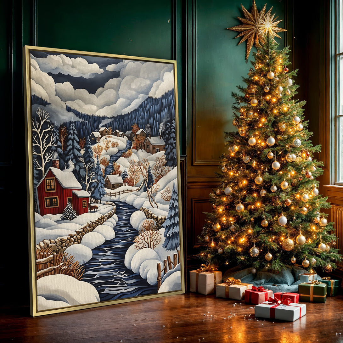 Canvas Print of a winter landscape with a red house, river, and snow. Featuring a blue, white, and brown color palette. Add cozy charm to your home!
