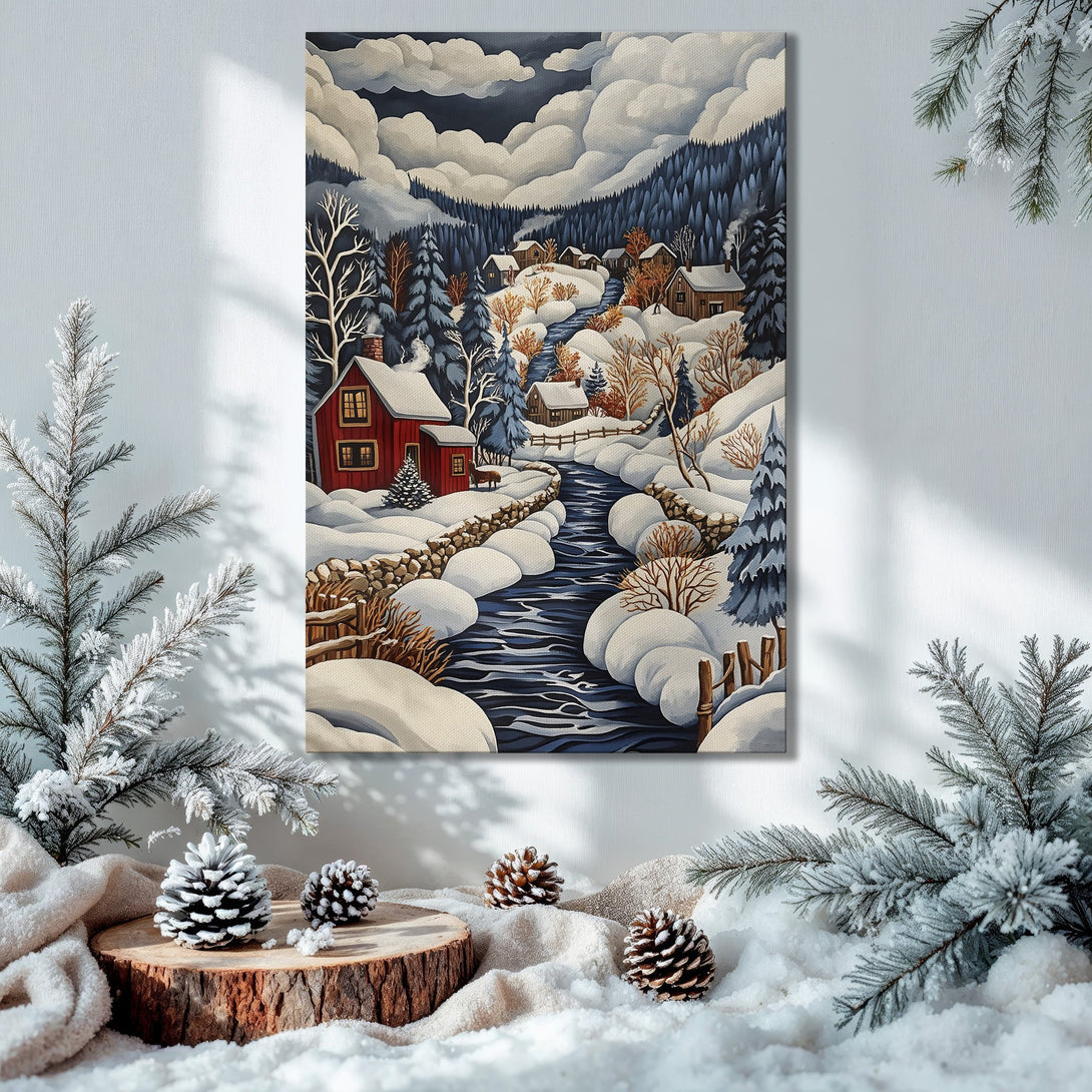 Framed Wall Art: Winter landscape Canvas Print in a cozy interior. Features a snowy scene with red houses, blue and white tones, perfect for holiday decor.
