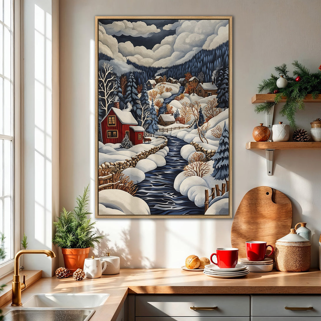 Framed Wall Art: Winter landscape canvas print with red cabin, snowy river, and blue and white color palette. Perfect for cozy home decor.