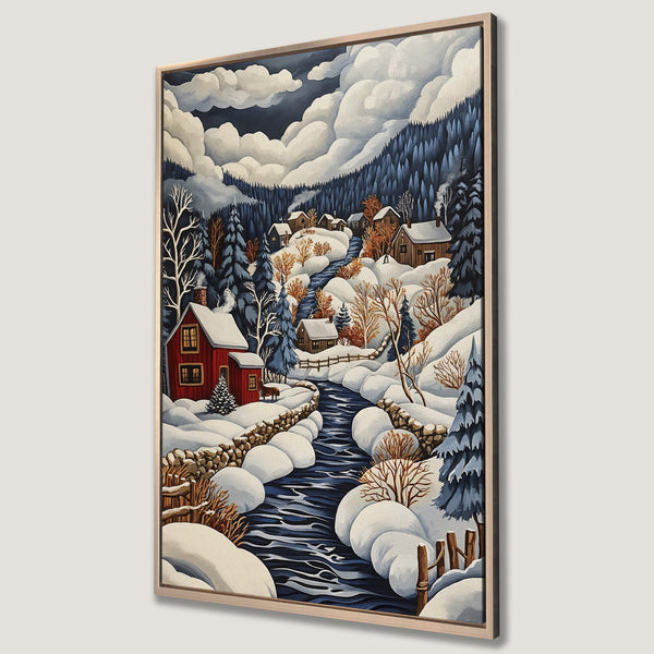 Framed Wall Art Canvas Print of a winter village scene with a river, in a whimsical style with blue, white, and red tones. Perfect for cozy decor!