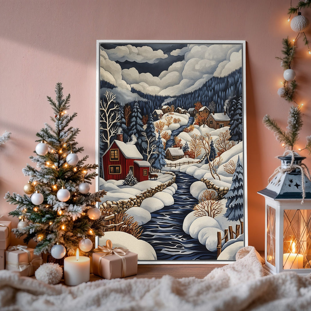 Framed Wall Art: Cozy winter landscape Canvas Print with red house, snowy scene, and cool blue/white palette. Perfect for holiday decor!