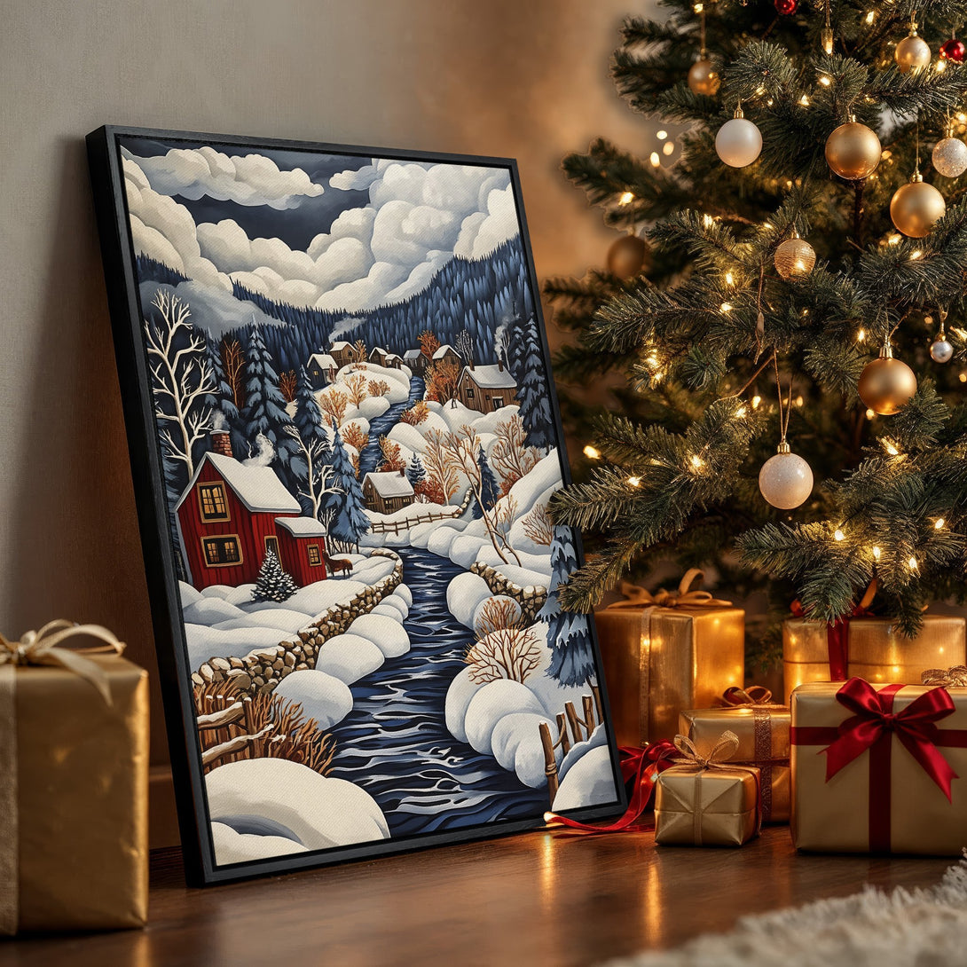 Framed Wall Art: Winter landscape Canvas Print with a cozy cabin scene. Features a blue, white, and red color palette, perfect for holiday decor.