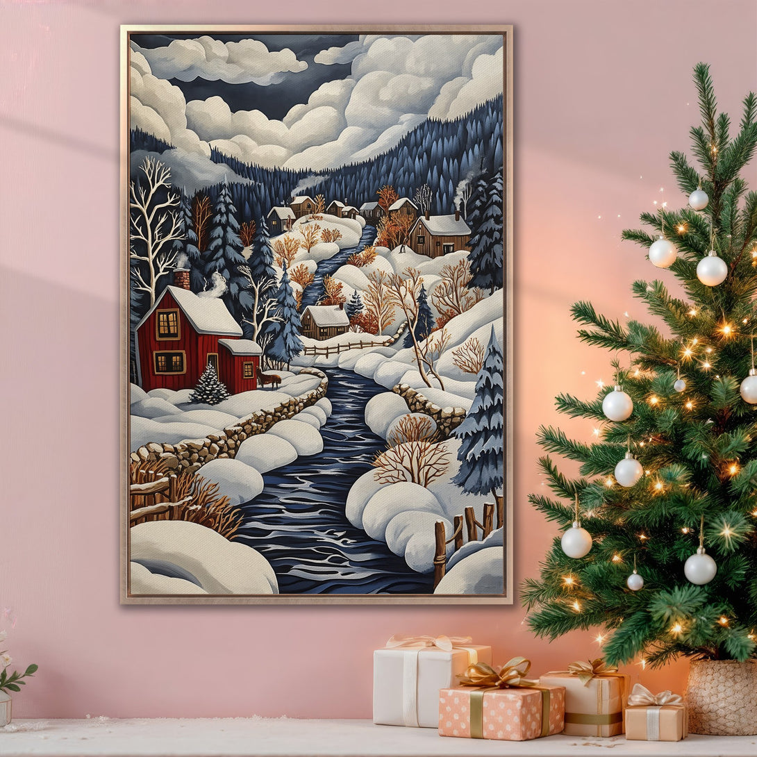Framed Wall Art: Winter landscape Canvas Print with a cozy cabin scene. Featuring a blue, white, and red color palette, perfect for adding warmth to your home.