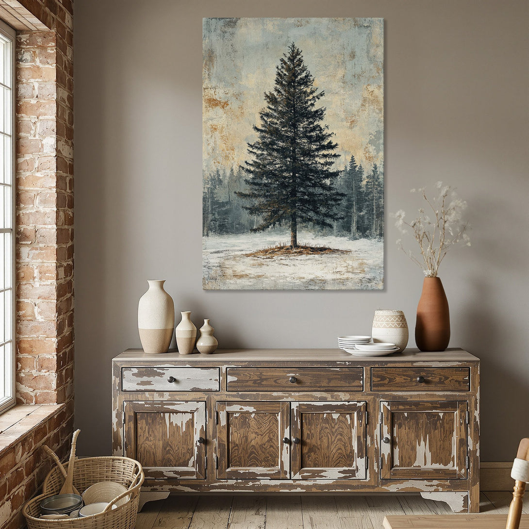 Framed Wall Art: Winter landscape Canvas Print with a lone evergreen tree. Soft blues, greens, and gold tones create a serene, rustic aesthetic for your home decor.