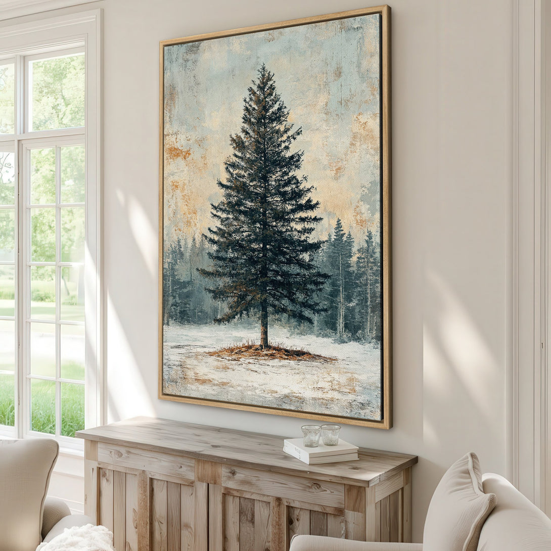 Framed Wall Art featuring a serene winter forest scene with a prominent pine tree. Neutral color palette with blues, grays, and gold tones. Perfect for adding a touch of nature.