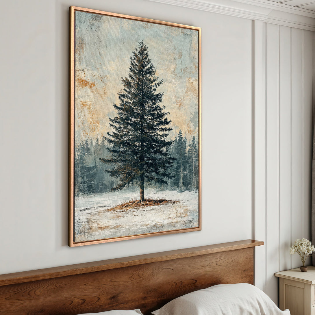 Framed Wall Art: Serene landscape Canvas Print featuring a lone pine tree in a snowy forest. Earthy tones and muted blues create a calming, rustic aesthetic.