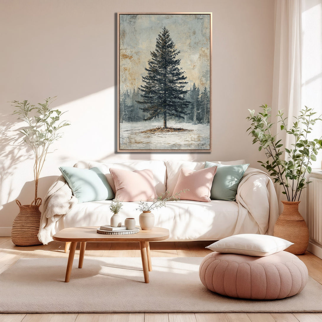 Framed Wall Art featuring a serene pine tree landscape in a neutral color palette, perfect for adding a touch of nature to your home decor.