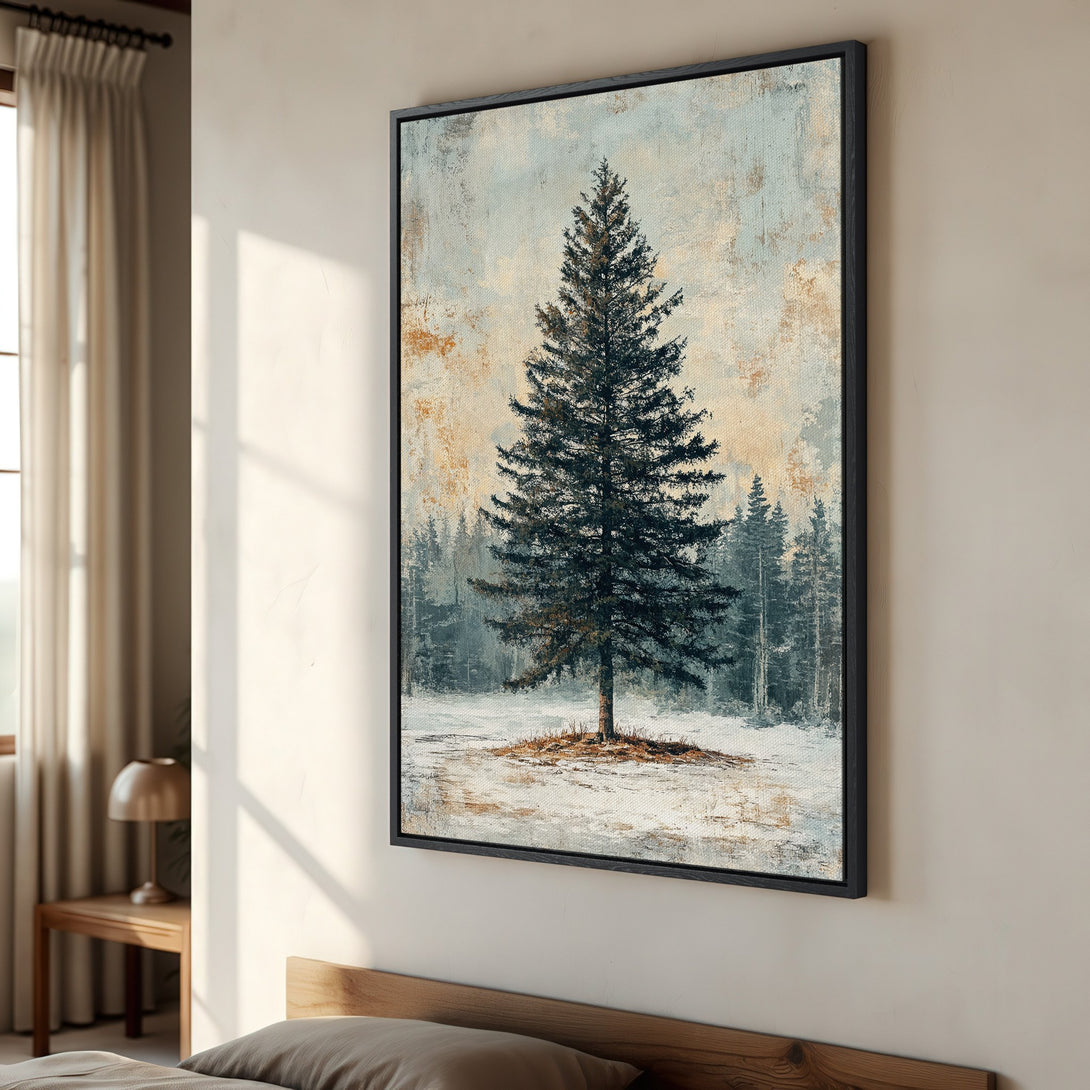 Framed Wall Art: Serene winter forest canvas print in muted blue, green, and gold tones. Perfect for adding a touch of nature to your home decor.