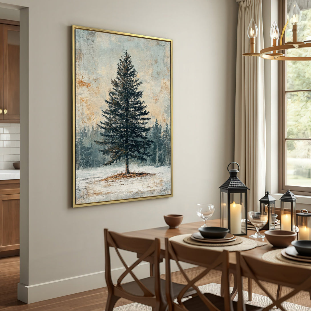 Canvas Print of a serene evergreen tree in a snowy landscape. Rustic style with a muted, neutral color palette. Perfect for cozy home decor.