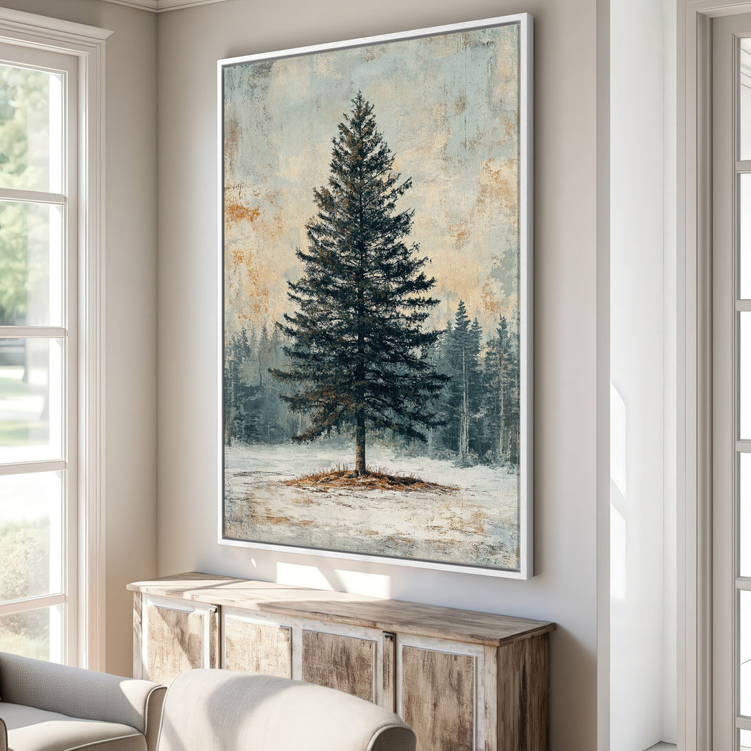 Framed Wall Art: Rustic tree canvas print in a serene interior. Earthy tones and muted blues create a calming aesthetic. Perfect for adding nature-inspired art to your home.
