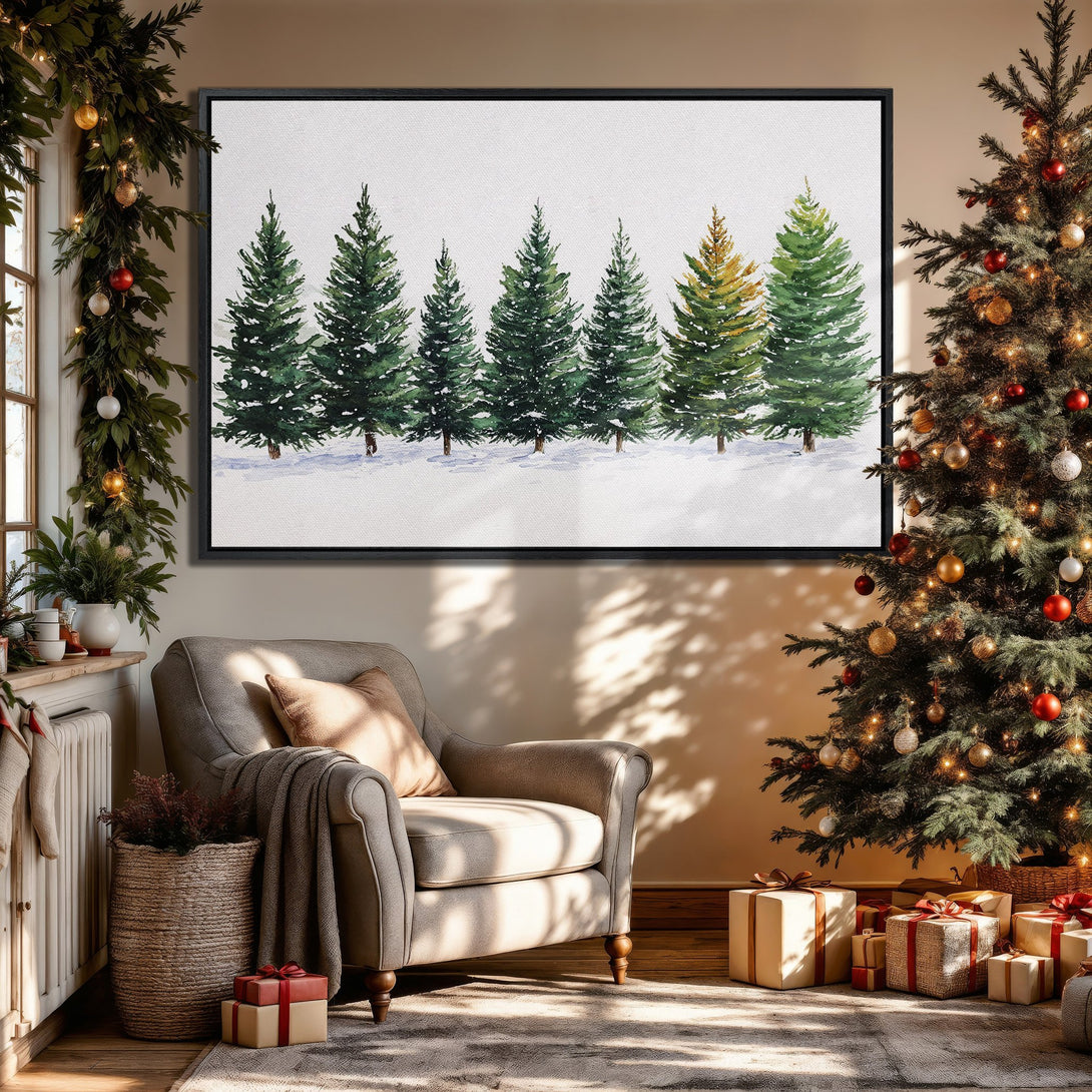Framed Wall Art featuring watercolor evergreen trees in green and gold. Perfect for holiday decor. Cozy interior with neutral color palette.