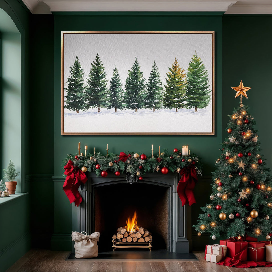 Framed Wall Art: Watercolor pine trees in a cozy Christmas interior. Green, red, and gold color palette. Perfect holiday decor for your home!