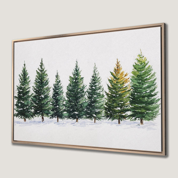 Framed Wall Art: Watercolor evergreen trees in green and gold against a snowy backdrop. Perfect for adding a touch of nature to your home decor.