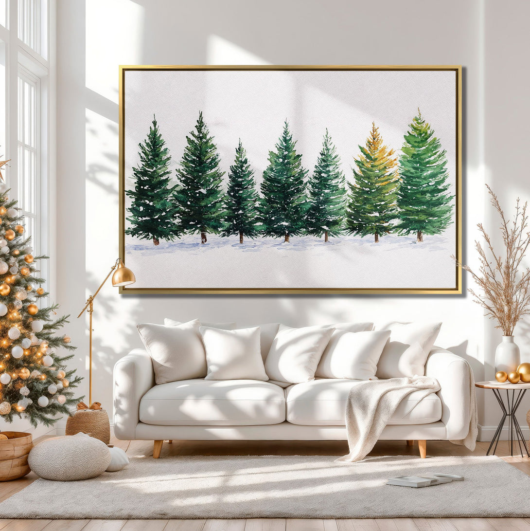 Watercolor Canvas Print of evergreen trees in green and gold, displayed in a cozy interior with neutral tones, perfect for holiday decor.