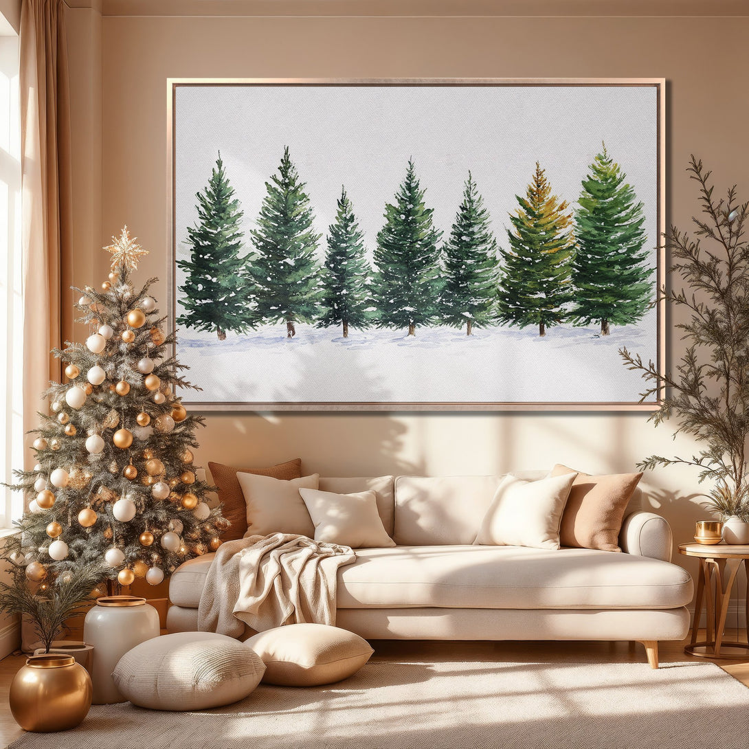 Framed Wall Art: Watercolor evergreen trees in a warm, neutral interior. Earthy tones create a cozy, inviting atmosphere. Perfect for holiday decor!