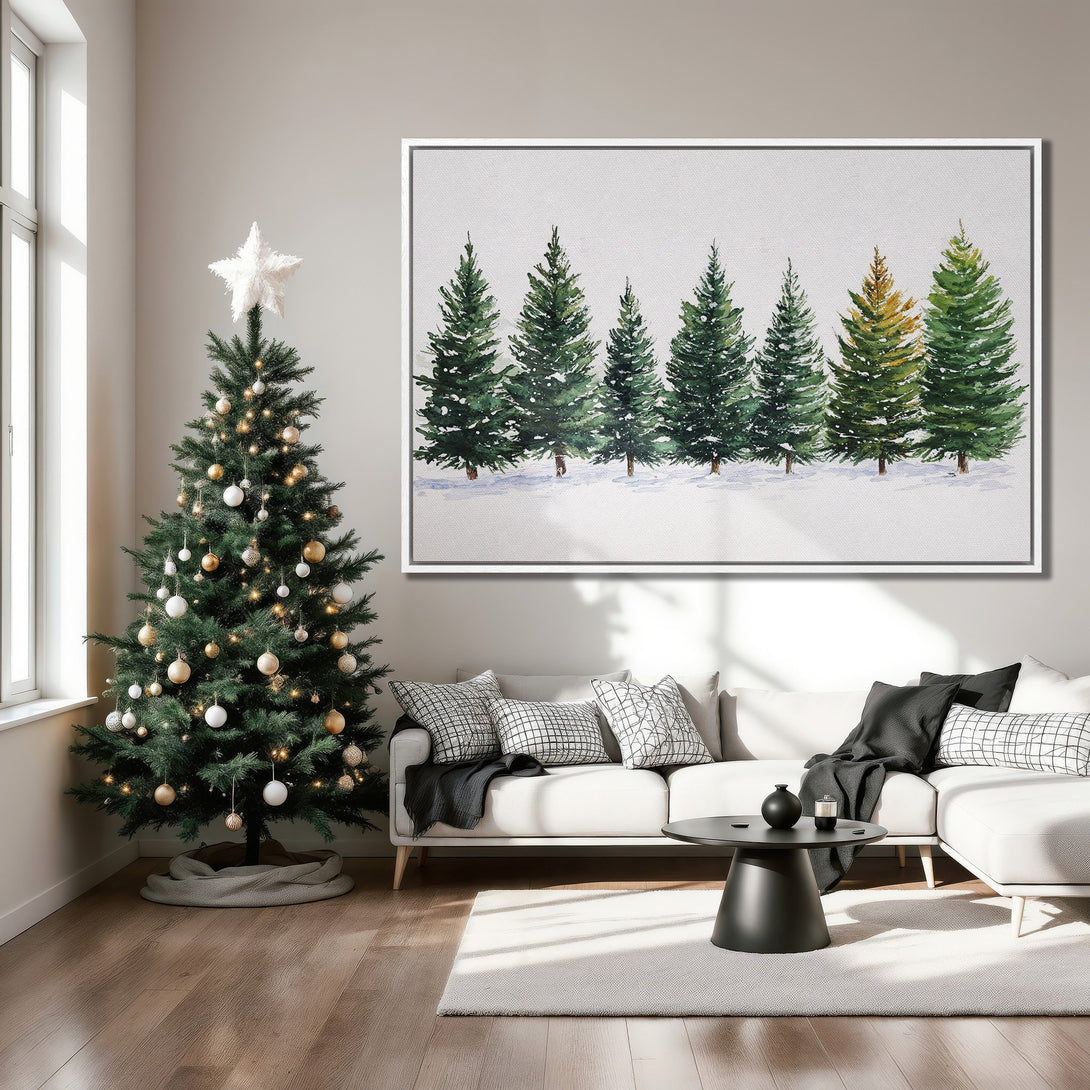 Framed Wall Art featuring watercolor evergreen trees in a winter scene. Green and gold hues pop against a neutral background, perfect for holiday decor.