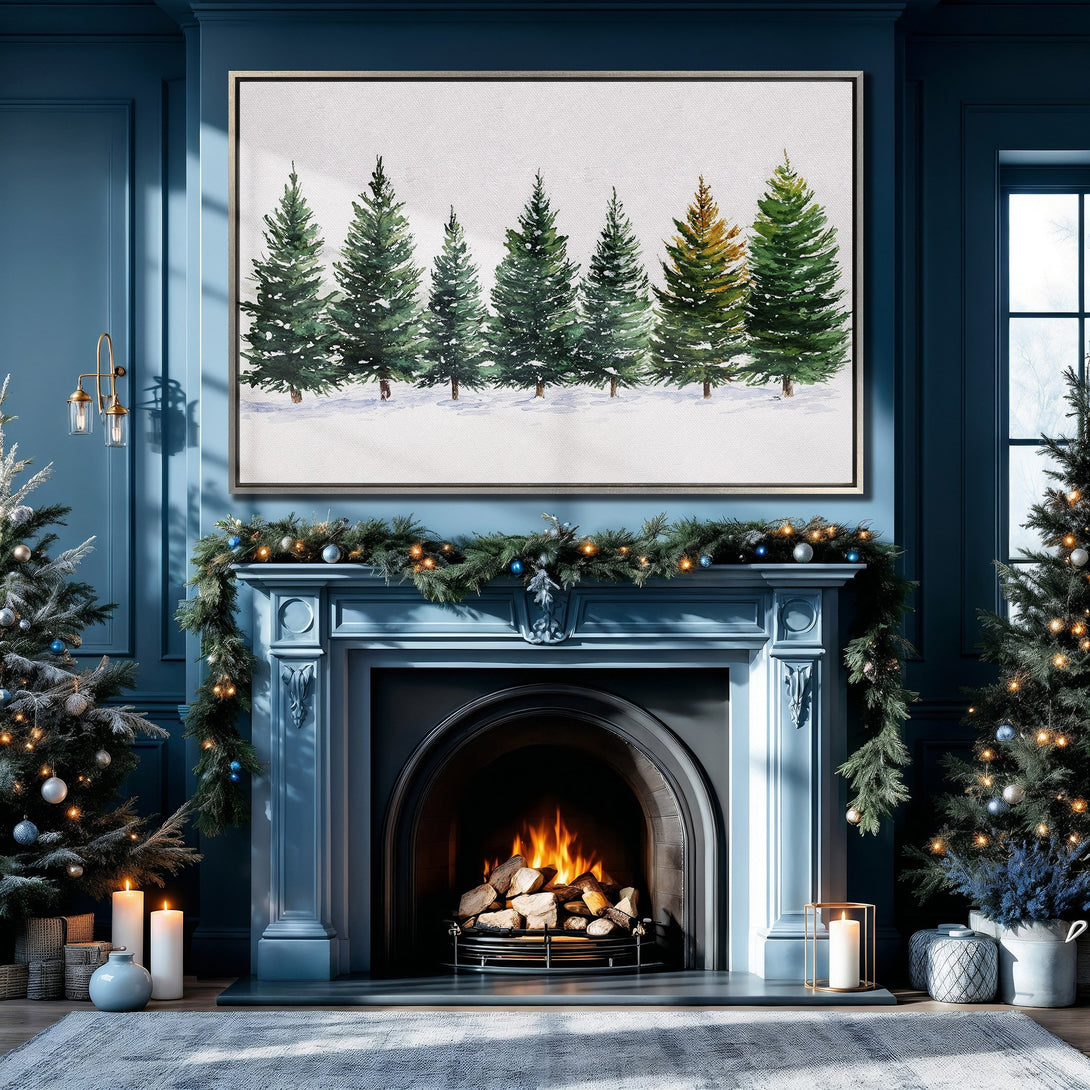 Framed Wall Art: Watercolor evergreen trees in a snowy landscape. A cozy, winter-themed canvas print with a blue and green color palette. Perfect for holiday decor.