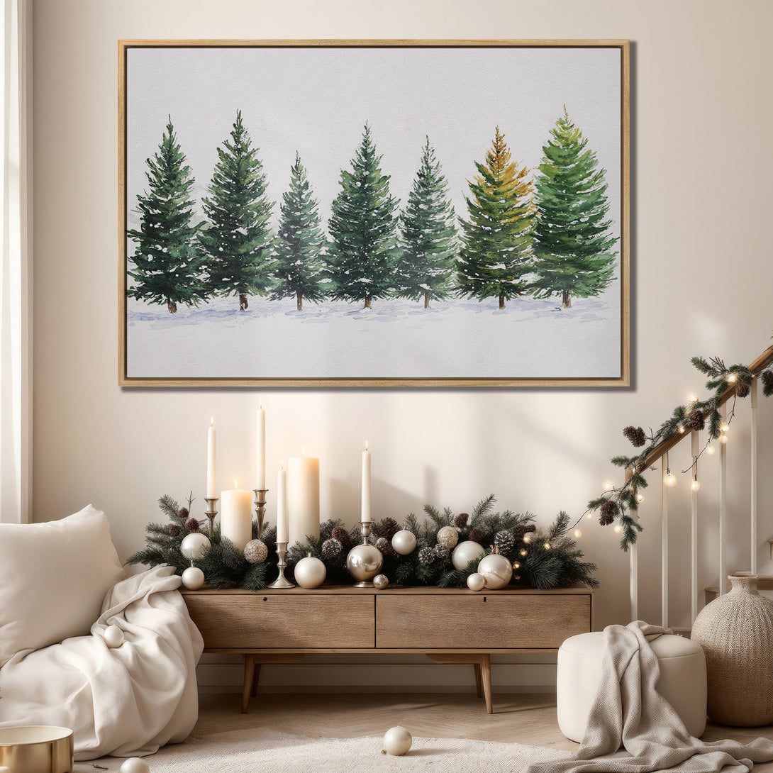 Framed Wall Art featuring watercolor evergreen trees in a snowy landscape. Green, gold, and white color palette. Perfect for holiday decor!