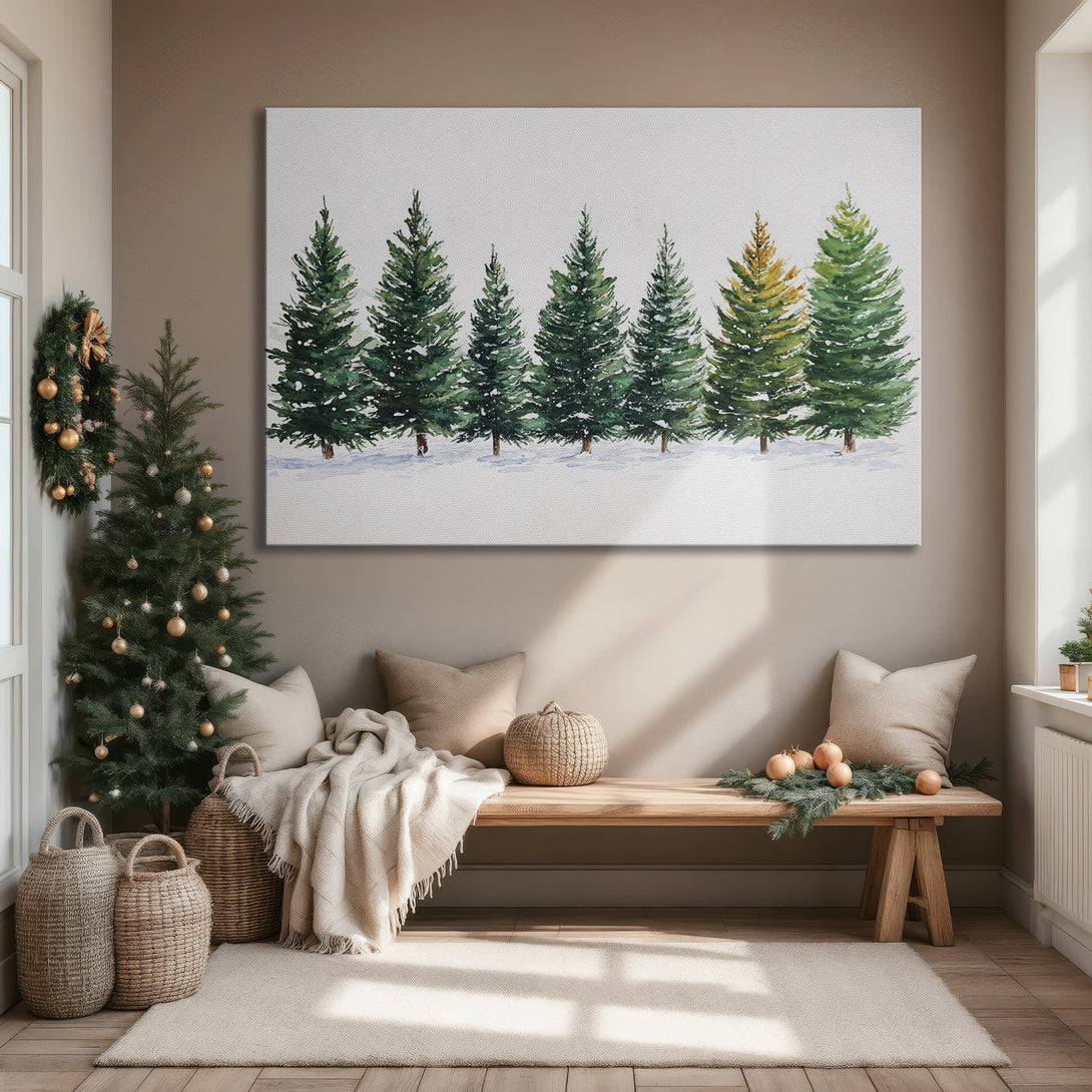 Framed Wall Art featuring watercolor evergreen trees in a winter scene. Green and gold color palette. Perfect for holiday decor.