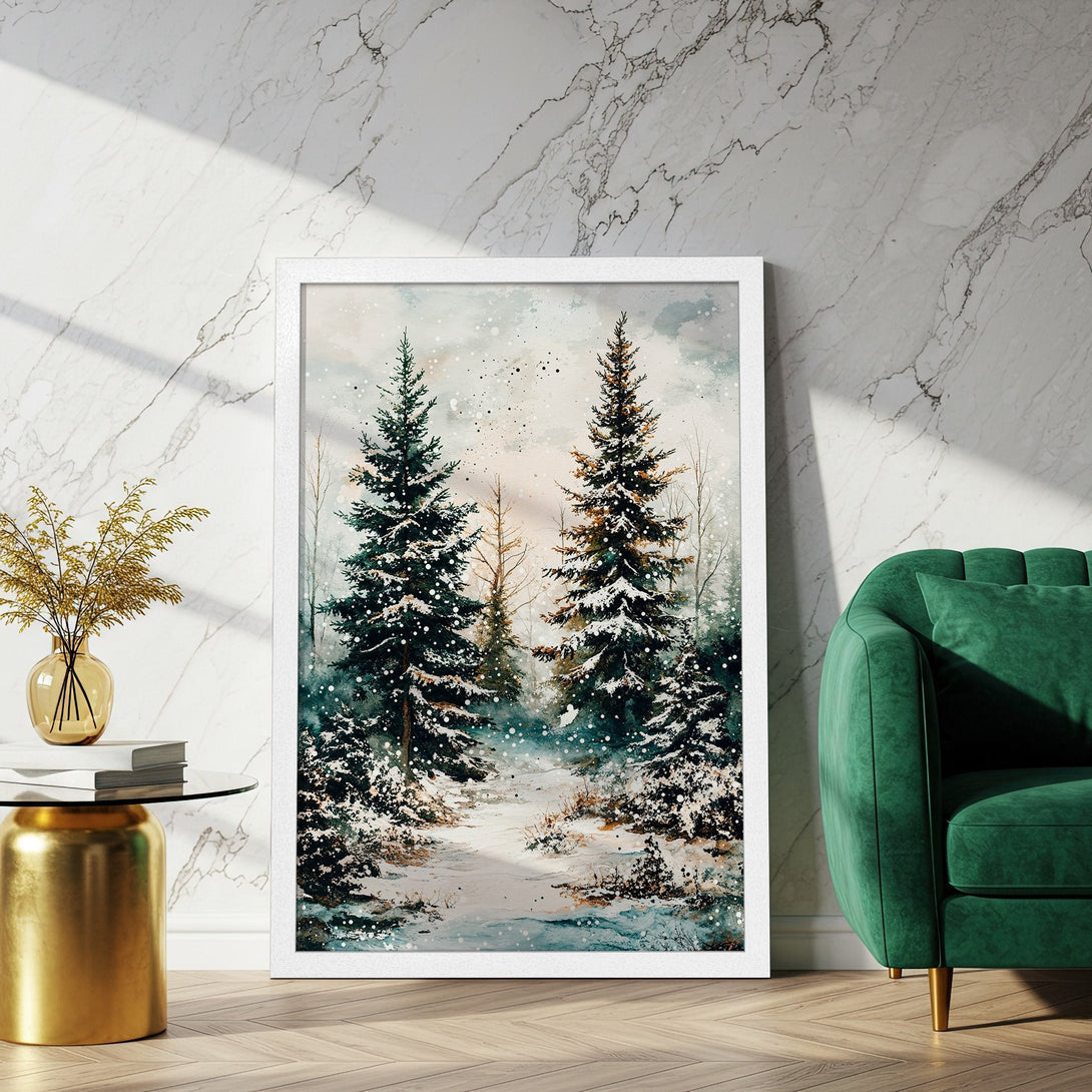 Framed Poster featuring a winter forest scene in watercolor style with a cool, muted color palette. Perfect wall art!