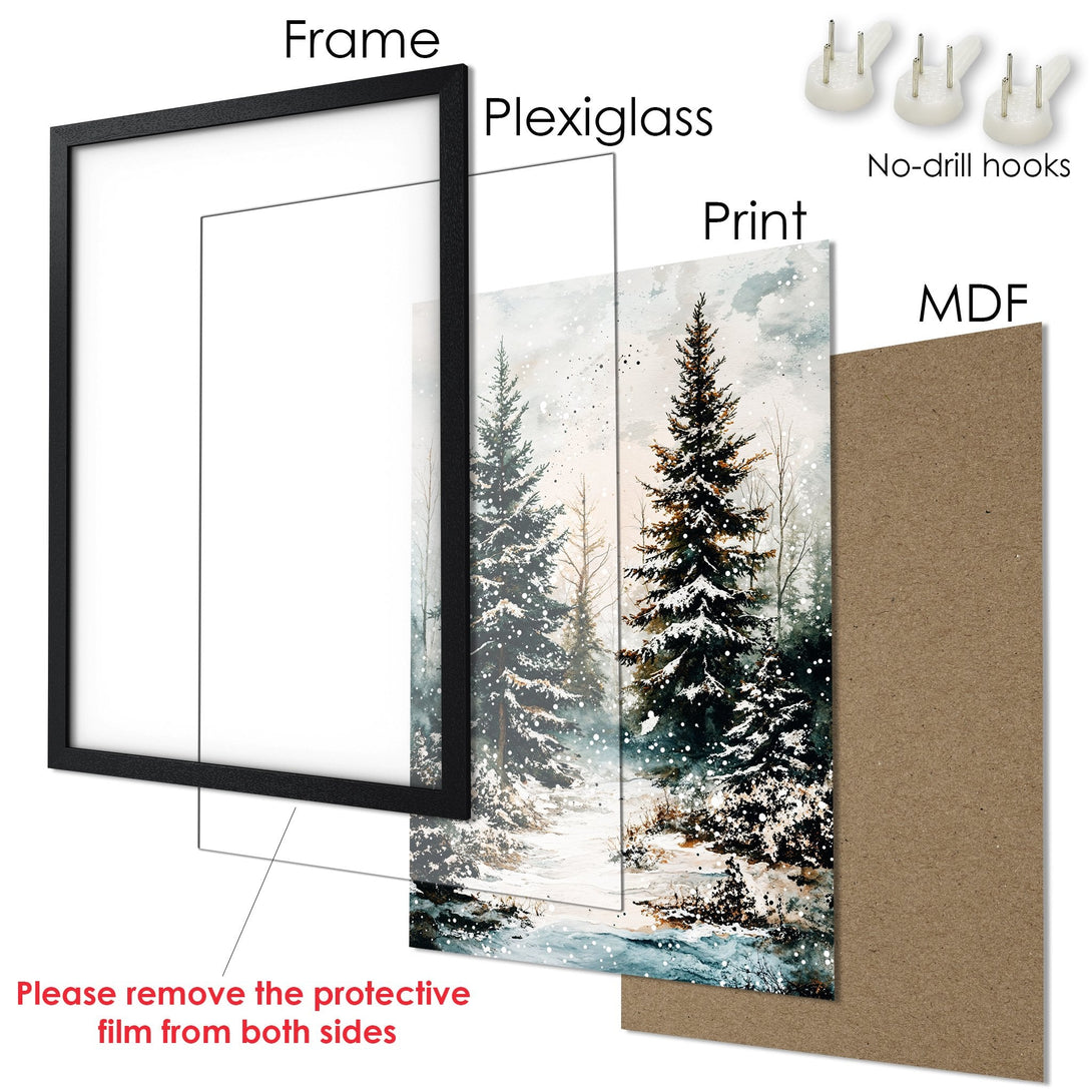 Framed Poster: Winter forest art print with a serene, watercolor style and cool, muted color palette. Perfect wall decor!