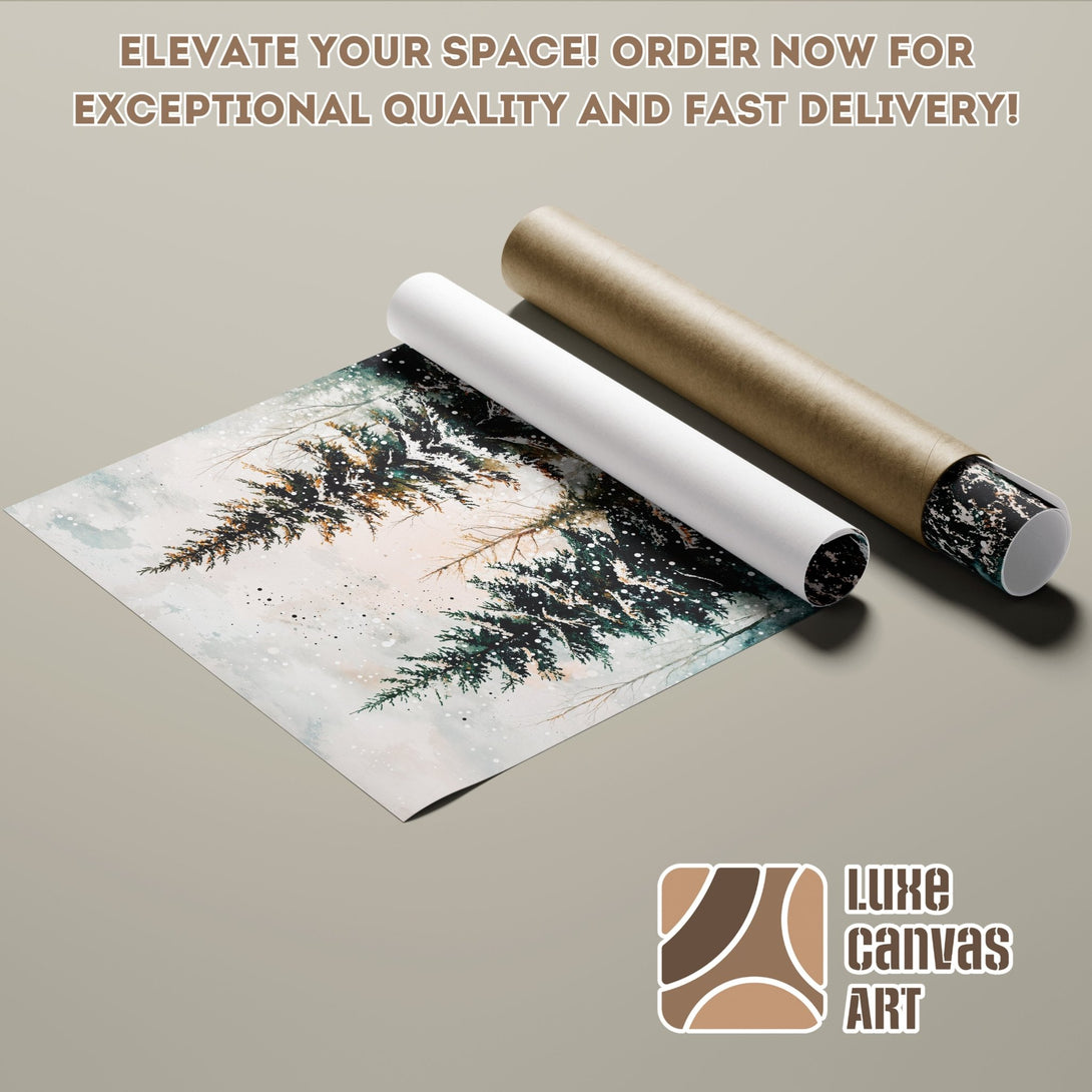 Poster Roll featuring a winter forest scene in watercolor style, with a cool, muted color palette. Order your art today!