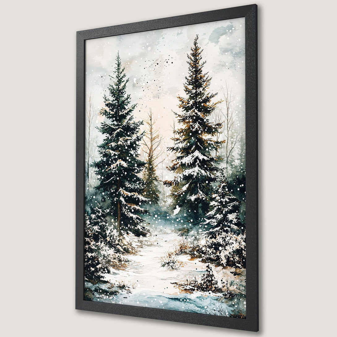 Framed Poster: Watercolor winter forest scene with snowy trees, cool blues & greens. Perfect wall art for your home!