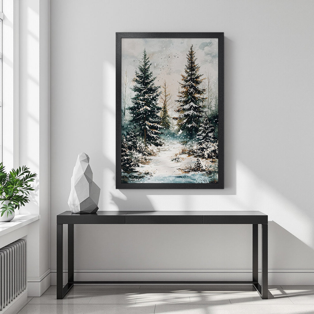 Framed Poster of a winter forest scene in watercolor style. Serene, cool color palette perfect for home decor.