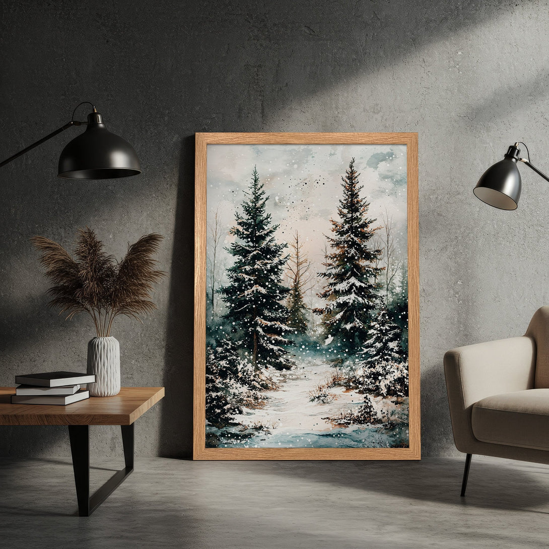 Framed Poster featuring a winter forest scene in watercolor style with a muted blue and green palette. Perfect wall art.