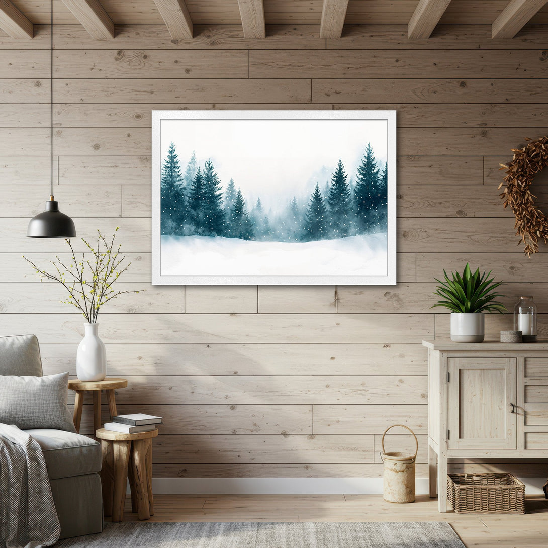 Framed Poster of winter forest scene in watercolor style, featuring teal and white color palette. Perfect wall art for cozy decor.
