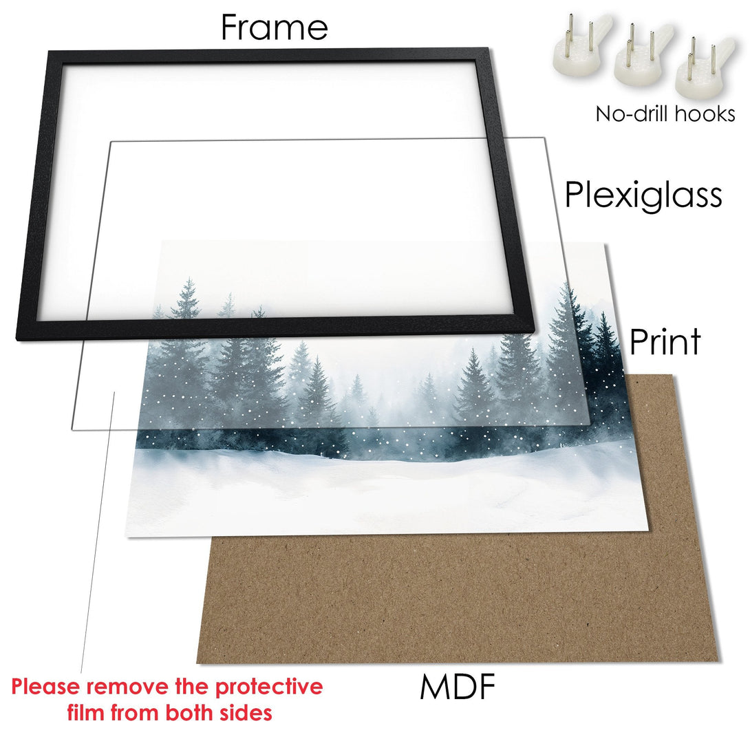 Framed Poster of a winter forest scene in blue and white watercolor style, perfect for home decor.