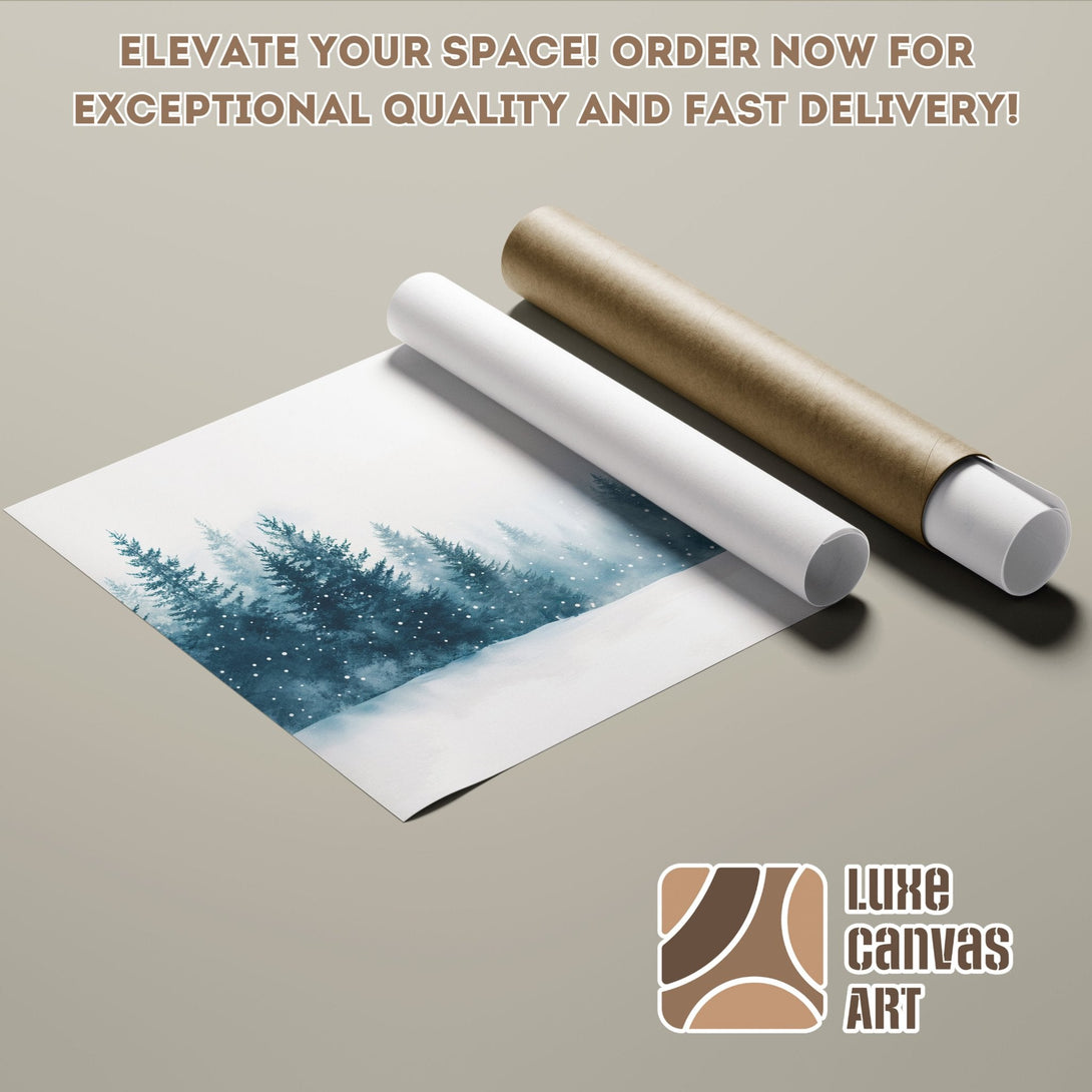 Poster Roll featuring a winter forest scene in a watercolor style, cool blue tones. Order your art today!