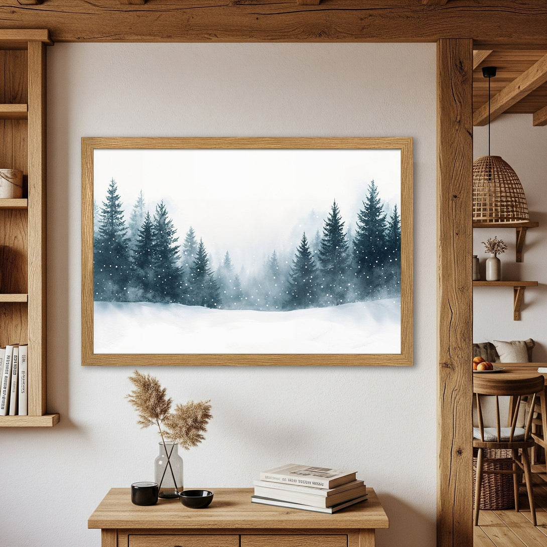Framed Poster featuring a serene winter forest scene in a watercolor style, with a cool blue and white color palette. Perfect wall art!