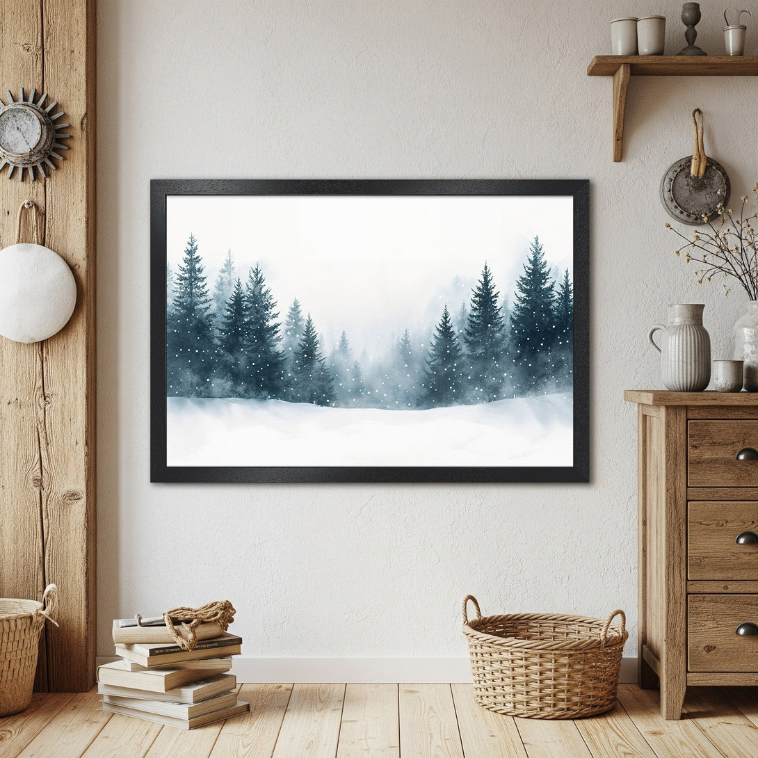 Framed Poster featuring a serene watercolor winter forest scene in blue and white tones. Perfect for home decor.