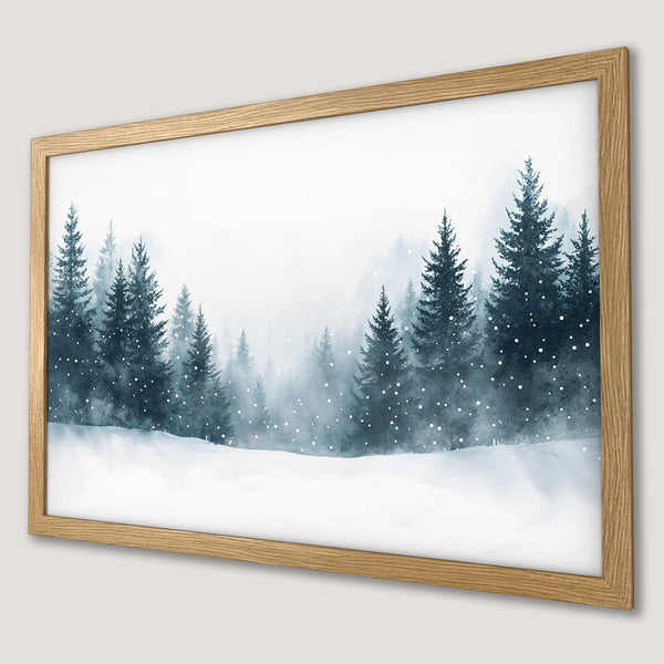 Framed Poster featuring a winter forest scene in watercolor style with a blue and white color palette. Perfect wall art!