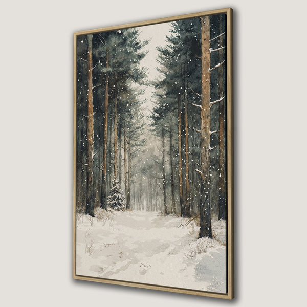 Framed Wall Art: Watercolor winter forest scene in muted greens, browns, and white. Serene landscape Canvas Print perfect for adding a touch of nature to your home.