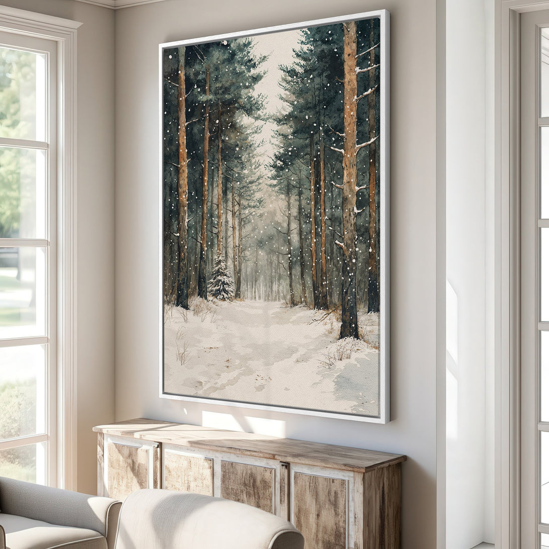 Framed Wall Art: Watercolor forest scene in cool blues and browns. Serene winter landscape Canvas Print adds a touch of nature to your home decor.