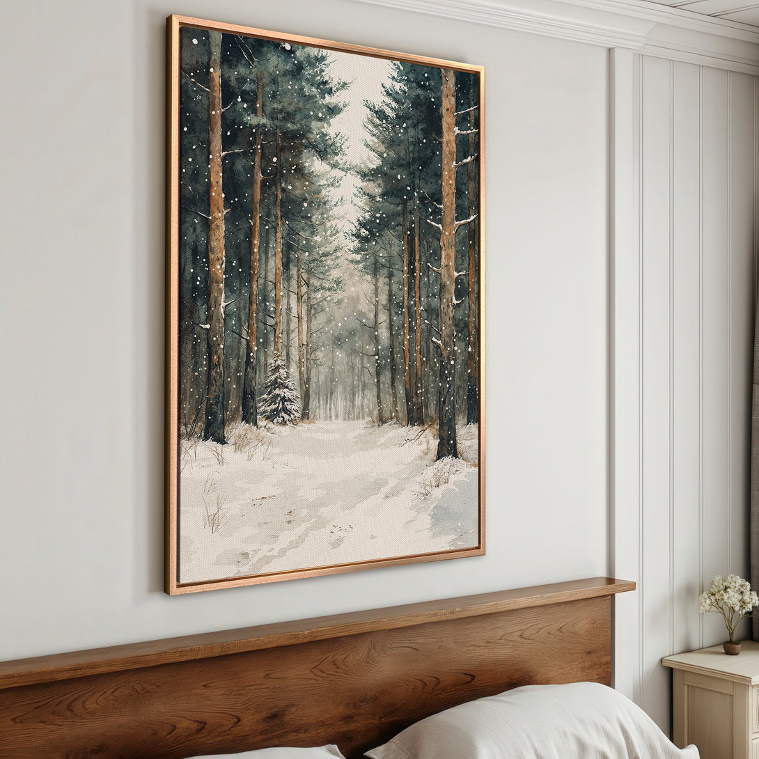 Framed Wall Art: Watercolor forest scene in cool blues and greens. Perfect for a cozy bedroom. Bring the outdoors in with this stunning canvas print!