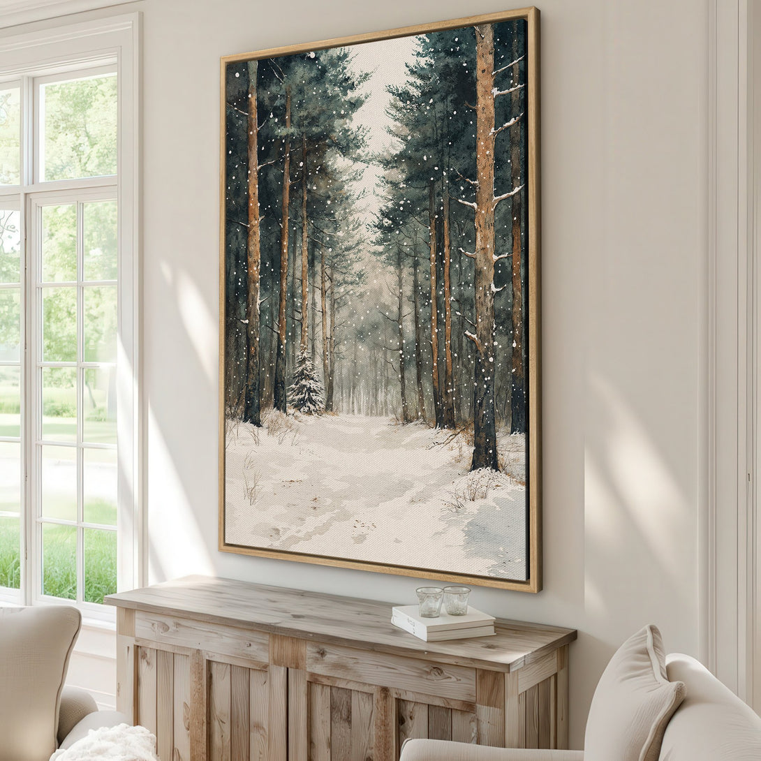 Framed Wall Art: Watercolor forest scene in cool blues & browns. Bring the serene beauty of nature indoors with this stunning Canvas Print. Perfect for any room!