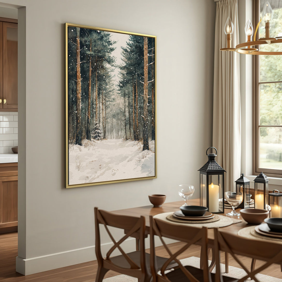 Canvas Print of a winter forest scene in watercolor style. Features a serene, snowy path with a muted, cool color palette.