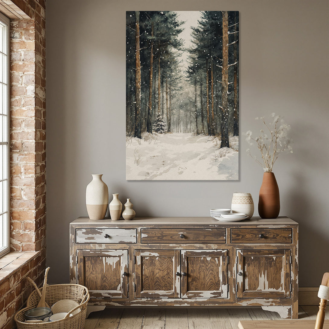 Framed Wall Art: Watercolor forest scene in a dining room. Winter landscape with a snowy path, green and brown tones. Perfect for cozy decor.