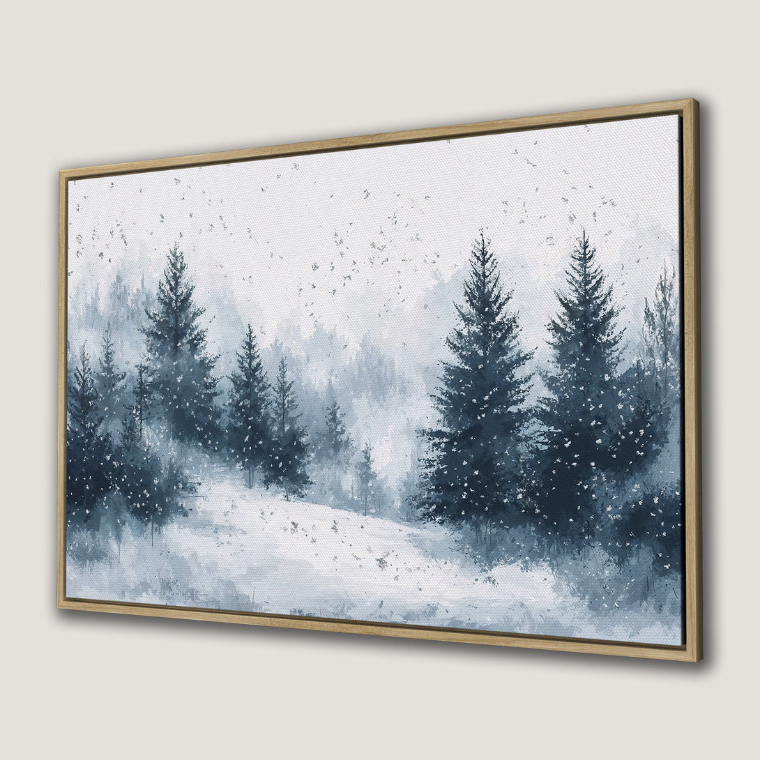 Canvas Print of a winter forest scene in watercolor style, featuring evergreen trees and a blue and white color palette.