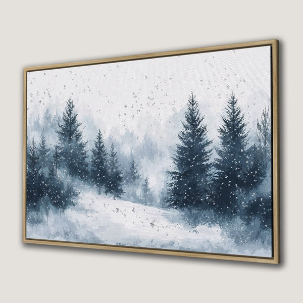 Canvas Print of a winter forest scene in watercolor style, featuring evergreen trees and a blue and white color palette.