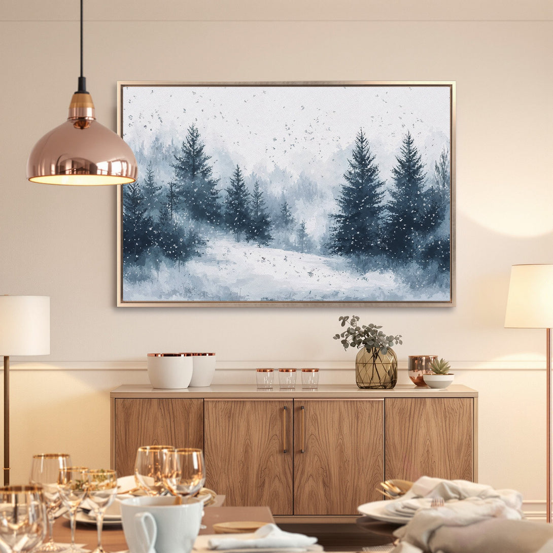 Framed Wall Art: Serene winter forest scene in blue and white hues. Modern Canvas Print adds a touch of nature to any room.