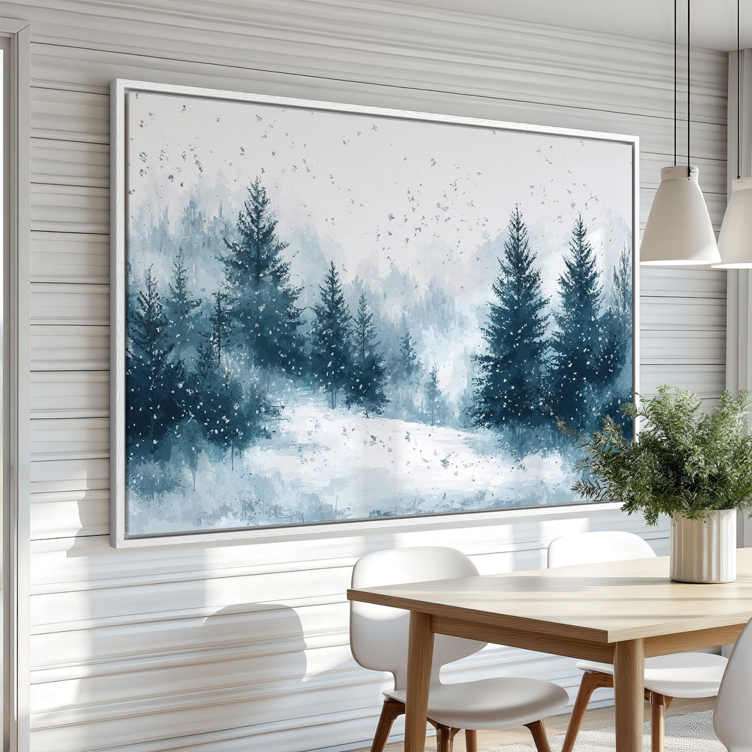 Framed Wall Art of a serene winter forest scene in cool blue and white tones. Modern, minimalist style Canvas Print adds a touch of nature to any space.